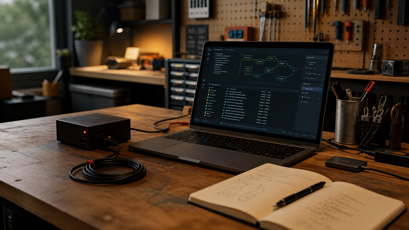 A developer workspace with a laptop, notebook, and practical prototype